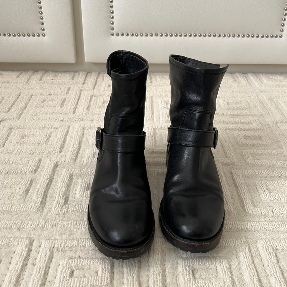 Frye Veronica Booties - Black Leather Boots with Buckle Detail